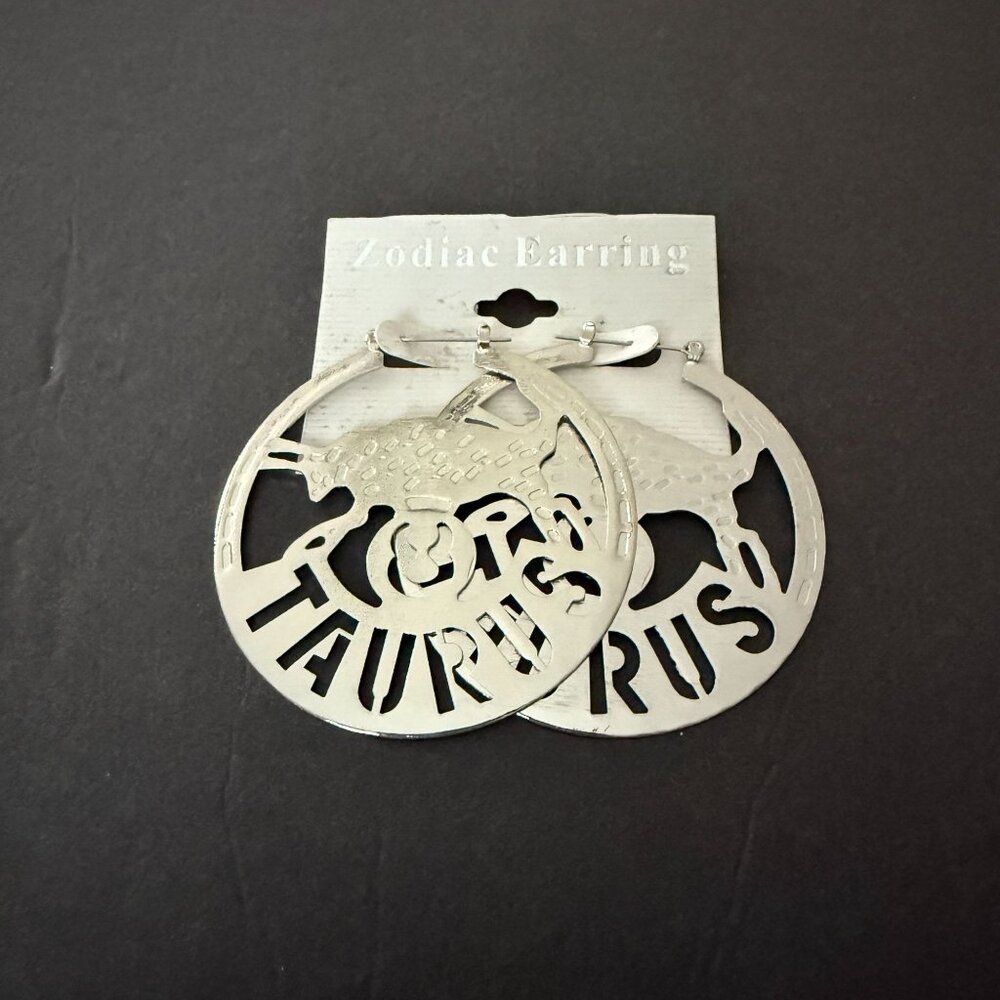 NOC Zodiac Taurus Earrings Silver Round Cutout Textured Design Astrology Jewelry